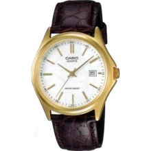Casio Men's Mtp-1183q-9a Gold Plated Dial Case Leather Strap Wr. Date Watch