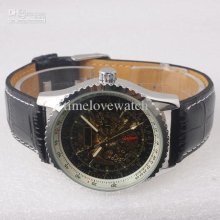 Cn Post Skeleton Dial Dual-second Black Leather Automatic Mechanical