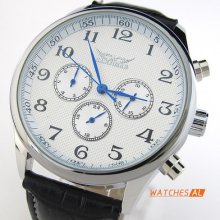 Cool Mens White Dial Black Leather Band Automatic Mechanical Watch Wrist Watch