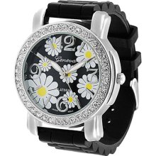 Geneva Platinum Womens Rhinestone Silicone Watch - Black Band Black 9.5