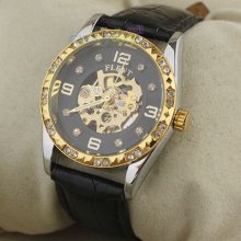 Golden Mechanical Movt Dress Women Skeleton Wristwatch Crystals Self Wind Nice