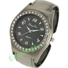 Gray Bronzed Rhinestone Woman's Bangle Cuff Watch