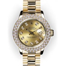 Ladies Champagne Dial Double Row Beadset Bezel Rolex President (473)