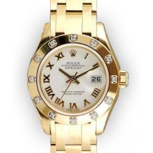 Ladies Mother of Pearl Roman Dial 12 Diamond Bezel Rolex Pearlmaster