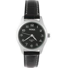 Ladies Round Dial Stainless Steel Leather Band Wrist Watch (Black Dial) - Black - Stainless Steel