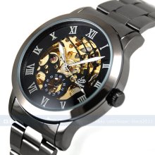 Men's Black Stainless Steel Mechanical Skeleton Sport Watch