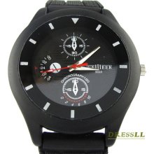 Mens Boys Fashion Black Dial Sport Style Black Rubber Band Quartz Wrist Watch