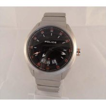 Mens Chunky Brushed Steel Police 12552j Black Face Fashion Watch In Box