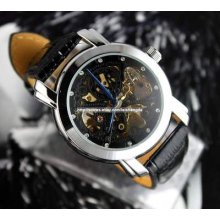 Mens Hollow Mechanic Waterproof Leather Wristwatch