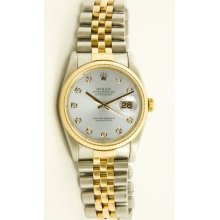 Men's Stainless Steel & Gold Datejust Model 16013 Jubilee Band Custom Added Silver Diamond Dial