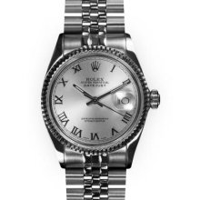 Men's Stainless Steel Silver Roman Dial Fluted Bezel Rolex Datejust