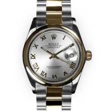 Men's Two Tone Oyster Silver Roman Dial Smooth Bezel Rolex Datejust