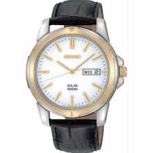 Men's Two Tone Solar Quartz White Dial Black Leather Strap