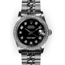 Midsize Stainless Steel Black Dial Beadset Bezel Rolex Datejust (470)