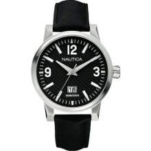 Nautica Mens Nct 600 Black Dial Stainless Steel Case Date Window Leather Watch