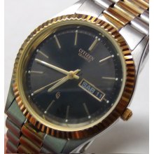 New Citizen Men's Quartz Gold Coin Bezel Dual Calendar Watch