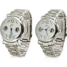 Pair of White Face Alloy Style Analog Mechanical Couple's Watches (Silver)