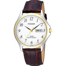 Pulsar Gents 100m Two Tone Dress Watch On Brown Leather Strap Pxf294x1