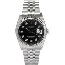 Rolex Men's Datejust Stainless Steel Fluted Custom Black Diamond Dial