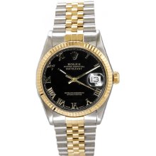 Rolex Men's Datejust Two Tone Fluted Black Roman Dial