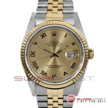 Rolex Men's Datejust Two Tone 16233 Champagne Roman Dial Fluted Bezel