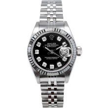 Rolex Women's Datejust Stainless Steel Fluted Custom Black Diamond Dial