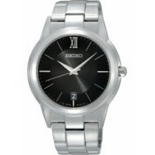 Seiko Men`s Silver Stainless Steel Watch W/ Black Face