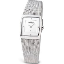 Skagen Denmark Square Face Rippled Silver Mesh Strap Watch Women's