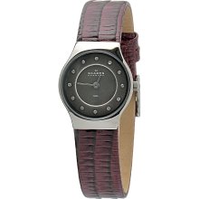 Skagen Women's Burgandy Leather Band Swarovski Markings Mother-Of-Pear