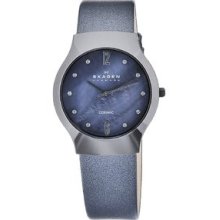 Skagen Women's Ceramic Blue MOP Dial Blue Leather Strap