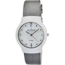 Skagen Women's Ceramic White Dial Silver Leather Strap