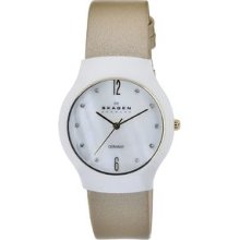 Skagen Women's Ceramic White Dial Beige Leather Strap