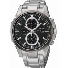 Solar Stainless Steel Case and Bracelet Chronograph Black Dial Alarm