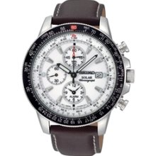 SSC013P1 - Seiko Flightmaster Solar Chronograph 100m Leather Pilots Watch