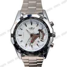 Stainless Steel Automatic Mechanical Calendar Mens Wrist Watch Wristwatch White