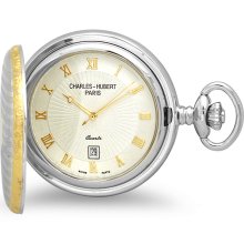Sterling silver & 14 karat gold quartz pocket watch & chain by charles
