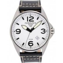 Torgoen T10102 Men's Aviator Steel Analog Quartz Watch With White Dial, Date Indicator, Black Leather Strap, Waterproof To 10 Atm