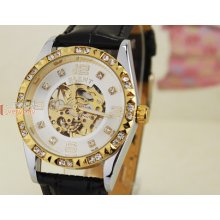 Vogue Golden/white Crystal Hollow Black Strap Women's Auto Mechanical Wristwatch