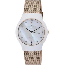 Women's Ceramic Case Stainless Steel Mesh Bracelet Mother of Pearl Dia