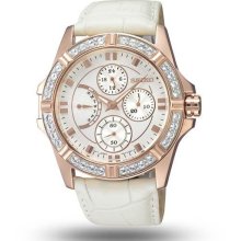 Women's Stainless Steel Case Leather Bracelet Silver Dial Crystals Chronograph