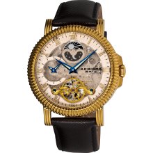 Akribos XXIV Men's Automatic Dual Time Skeleton Round Strap Watch