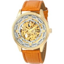 Akribos XXIV Mens Saturnos Skeleton Automatic Gold Dial Brown Lea ...