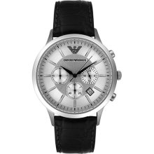 Armani AR2432 Men's Silver Dial Black Leather Strap Chronograph W ...