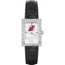 Black leather new jersey devils watch with cz frame