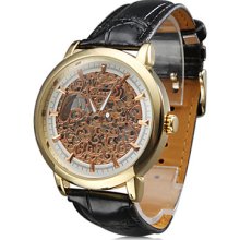 Black Men's Dress Style PU Analog Mechanical Wrist Watch