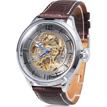 Brown Men's Hollow Style PU Analog Mechanical Wrist Watch