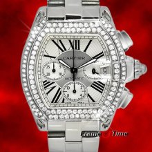 Cartier Men Roadster Diamond Automatic Chronograph Silver Steel Watch W62019x6