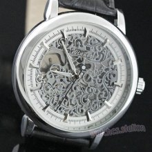 Celtic Mens Wrist Watch Hand Mechanical Silver Skeleton Leather