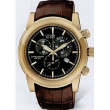 Citizen Eco Drive Men`s Brown Strap & Black Dial Chronograph Wr100 Watch