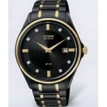 Citizen Eco Drive Men`s Black Dress Diamond Pairs Watch With Gold Trim